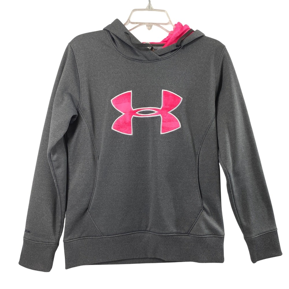 Under Armour Hoodie Womens Small ColdGear Gray Pink Logo Pullover Sweatshirt